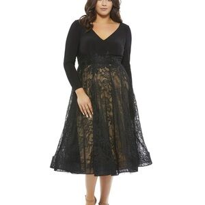 (122) NWT Mac Duggal 67897 Lace Skirt Long Sleeve Dress